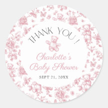 Teddy Bear Pink Toile Girl Baby Shower Thank You