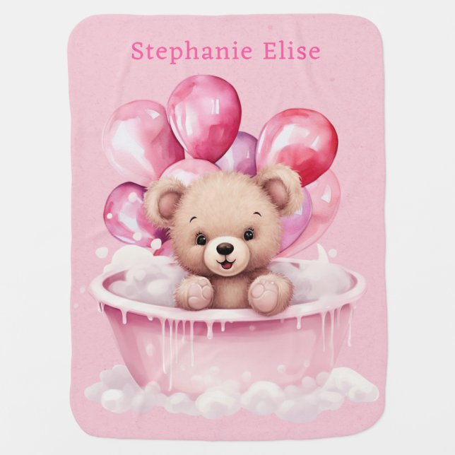 Teddy Bear Pink Tub And Balloons Girl Baby Shower Baby Blanket (Front)