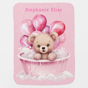 Teddy Bear Pink Tub And Balloons Girl Baby Shower Blanket