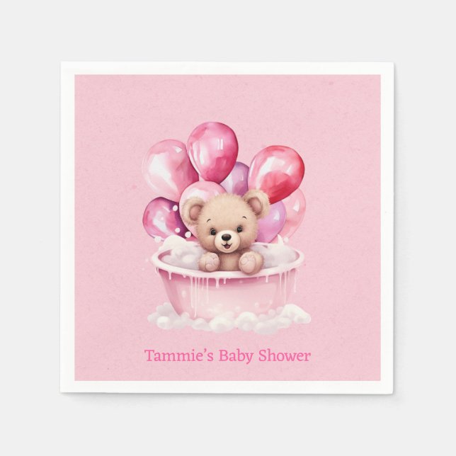 Teddy Bear Pink Tub & Balloon Girl Baby Shower Napkins (Front)