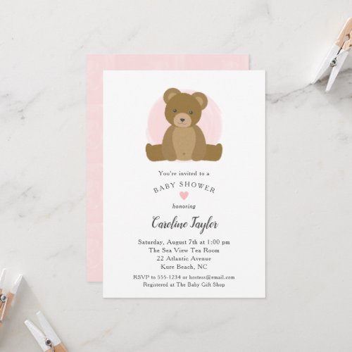 Teddy Bear Pink Watercolor Baby Girl Shower Invitation