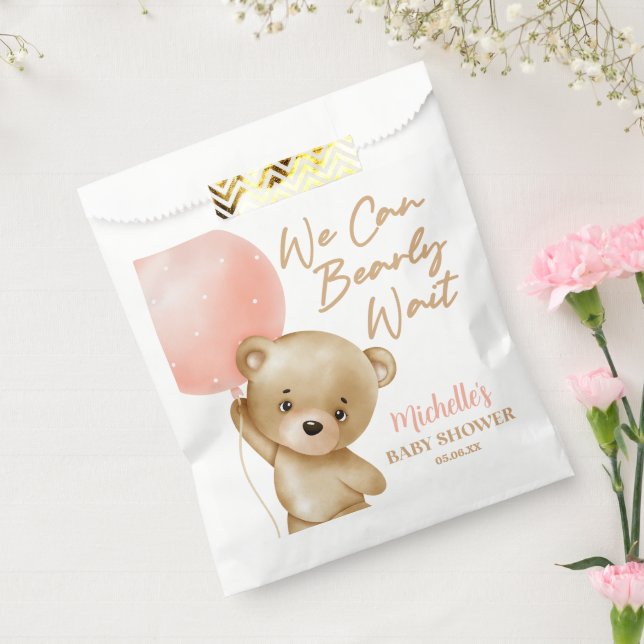 Teddy Bear Pink We Can Bearly Wait Baby Shower Favor Bag (Sealed)