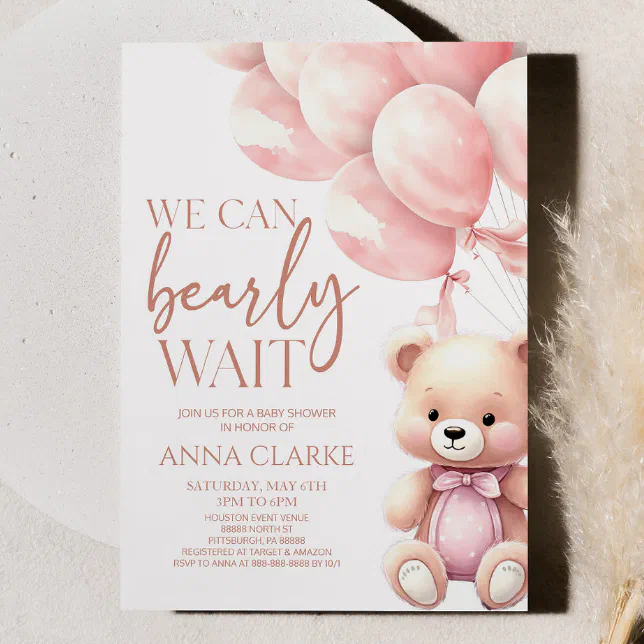 Teddy Bear Pink We Can Bearly Wait Baby Shower Invitation | Zazzle