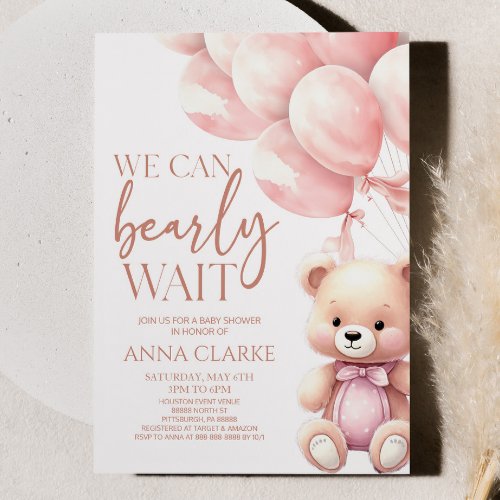 Teddy Bear Pink We Can Bearly Wait Baby Shower Invitation