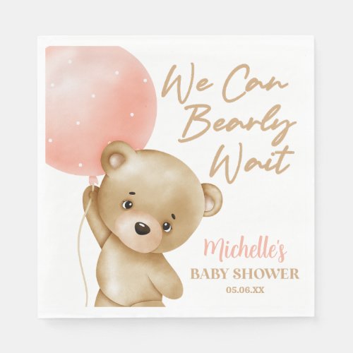Teddy Bear Pink We Can Bearly Wait Baby Shower Napkins