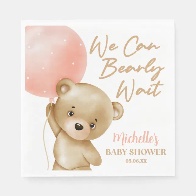 Teddy Bear Pink We Can Bearly Wait Baby Shower Napkins | Zazzle