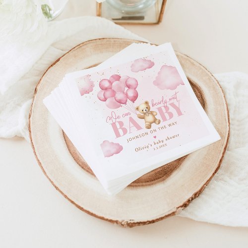 Teddy bear pink we can bearly wait baby shower napkins