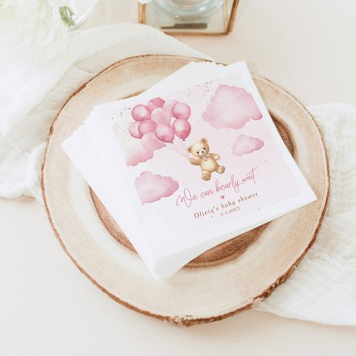 Teddy bear pink we can bearly wait baby shower napkins