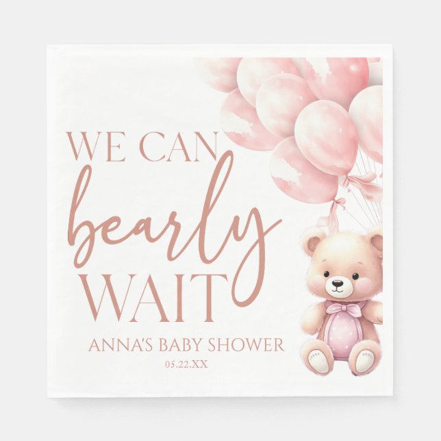 Teddy Bear Pink We Can Bearly Wait Baby Shower Napkins (Front)