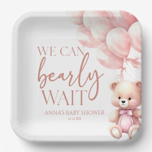 Teddy Bear Pink We Can Bearly Wait Baby Shower Paper Plates