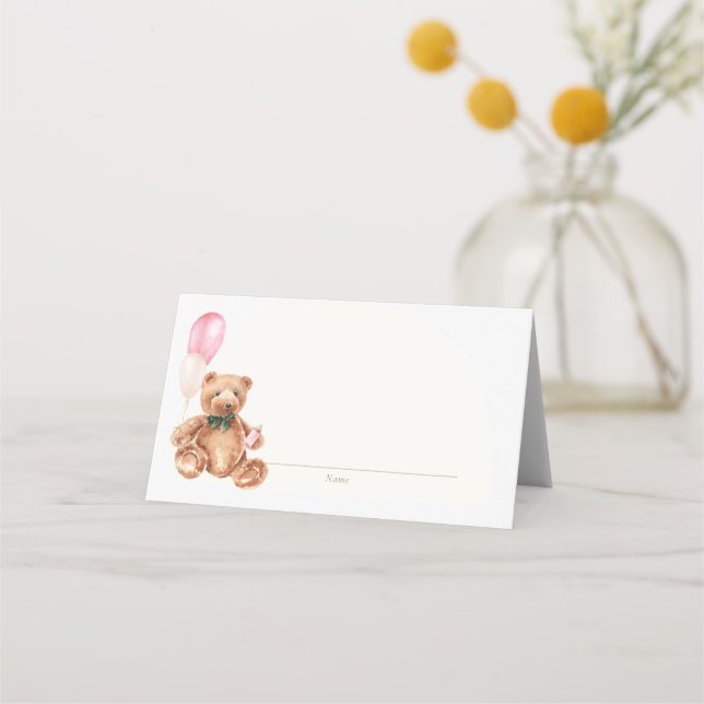 Teddy Bear Pink We Can Bearly Wait Place Card (Front)