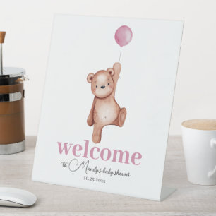 Teddy Bear Pink Welcome Pedestal Sign