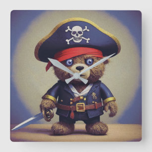 Teddy Bear Pirate Square Wall Clock