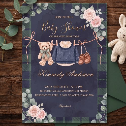 Teddy Bear Plaid Baby Shower Invitation