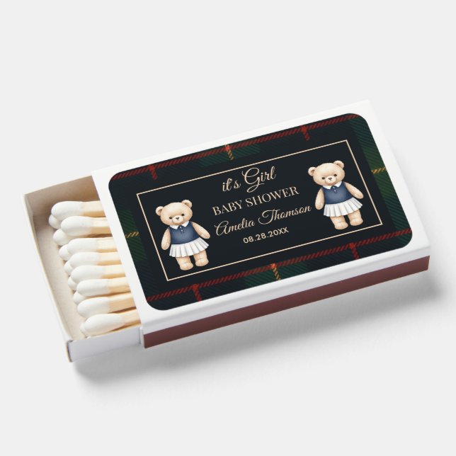 Teddy Bear  Plaid Baby Shower Matchboxes (Front Open)