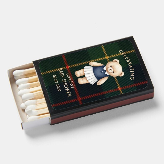 Teddy Bear  Plaid Baby Shower Matchboxes (Front Open)