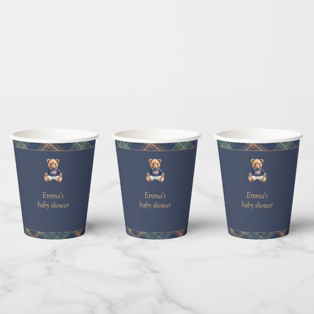 Teddy Bear Plaid Boy Baby Shower Paper Cup (Multi)