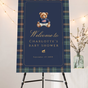 Teddy Bear Plaid Boy Baby Shower Welcome 24x36 Foam Board