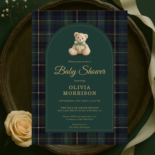 Teddy Bear Plaid Green Blue Tartan Baby Shower