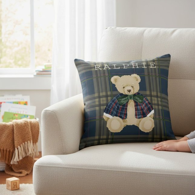 Teddy Bear Plaid Nursery Decor Throw Pillow (Creator Uploaded)