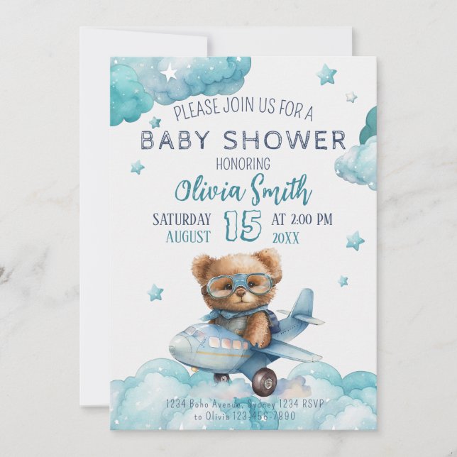Teddy Bear Plane Bearly Wait Baby Shower Invitation (Front)