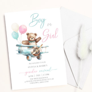 Teddy Bear Plane Gender Reveal with Balloons Invitation