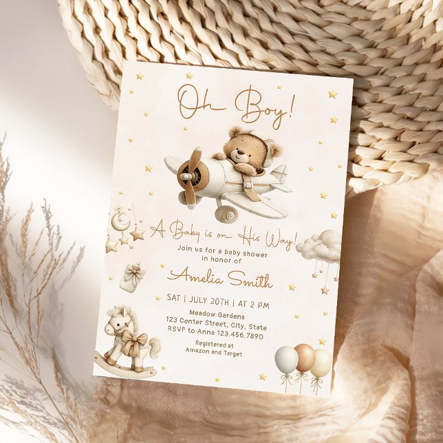 Teddy Bear Plane Oh Boy Baby Shower Invitation (Creator Uploaded)