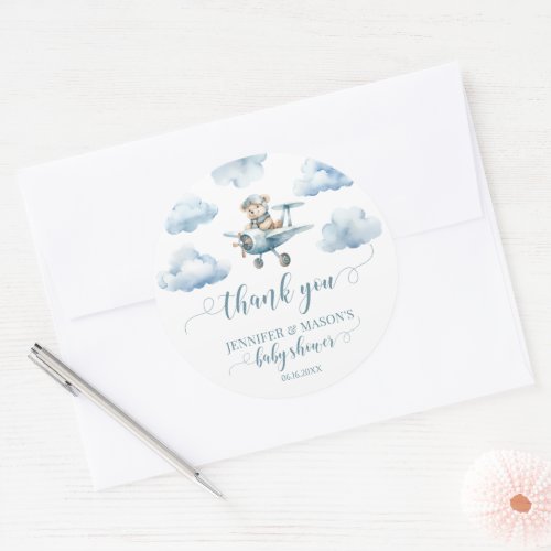 Teddy bear plane thank you baby boy round stickers