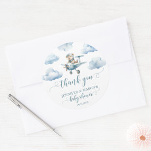 Teddy bear plane thank you baby boy round stickers