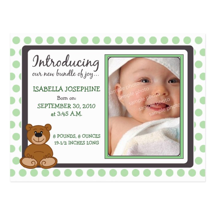 Teddy Bear Polkadot Baby Birth Announcement (mint) Postcard