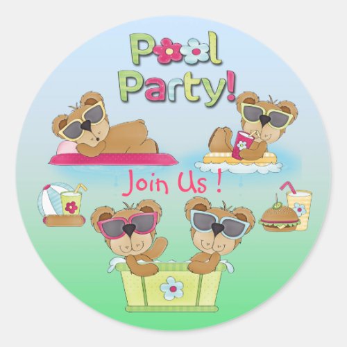 Teddy Bear Pool Party Invitation Envelope Seals