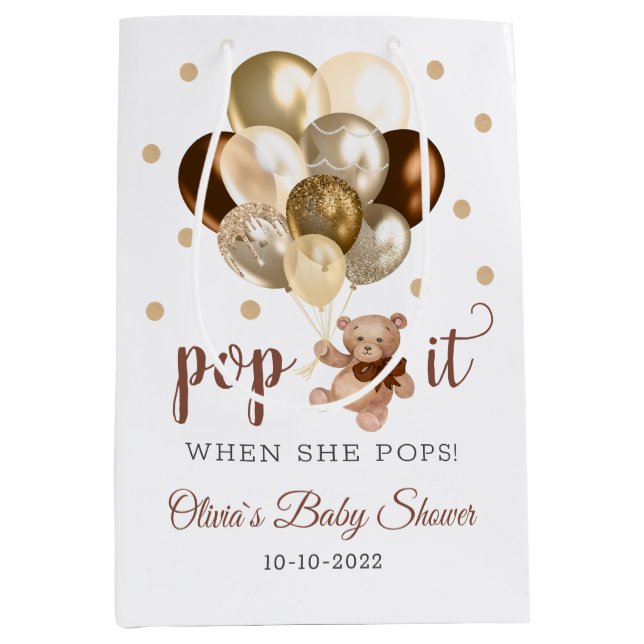 Teddy Bear Pop It When She Pops Baby Shower Favor  Medium Gift Bag (Front)