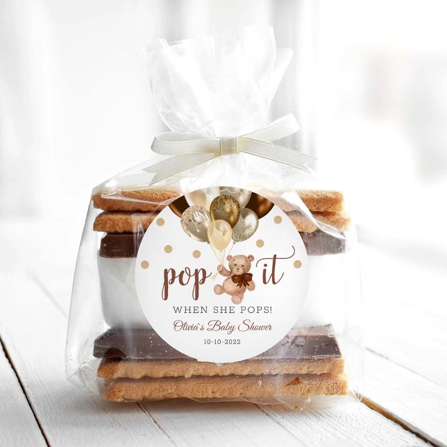 Teddy Bear Pop It When She Pops Baby Shower Gift Classic Round Sticker (Creator Uploaded)