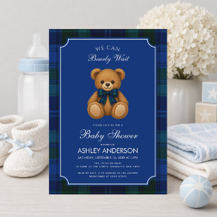 Teddy Bear Preppy Blue Plaid Boy Baby Shower Invitation