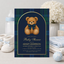 Teddy Bear Preppy Boy Baby Shower Blue Plaid Arch
