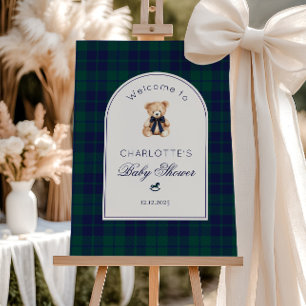 Teddy bear Preppy Plaid Baby Shower Welcome Foam Board