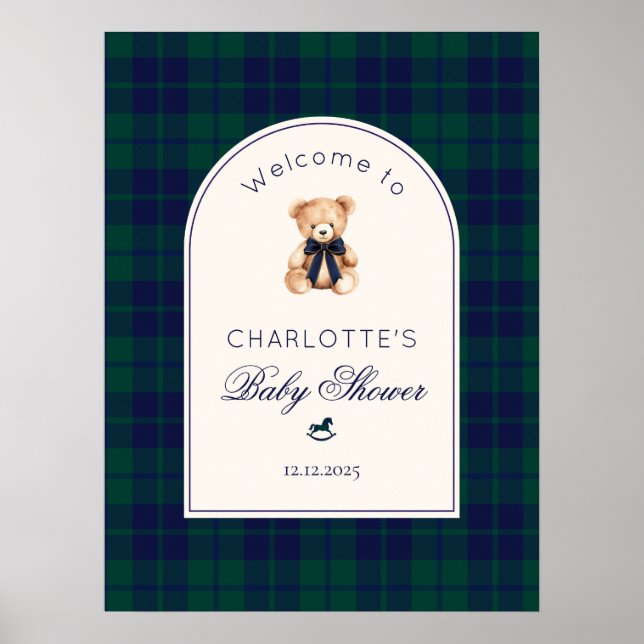 Teddy bear Preppy Plaid Baby Shower Welcome Poster (Front)