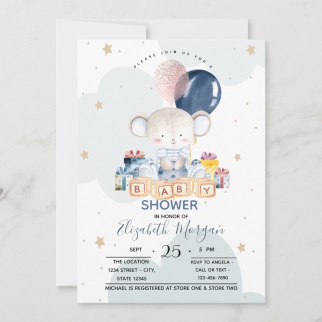 Teddy Bear Presents Clouds Baby Shower Invitation (Front)