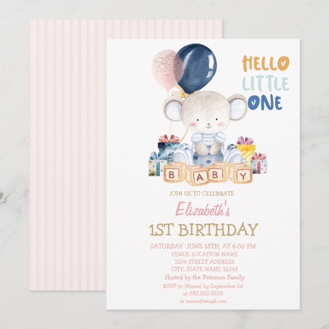 Teddy Bear,Presents Hello Little One Birthday  Invitation (Front/Back)