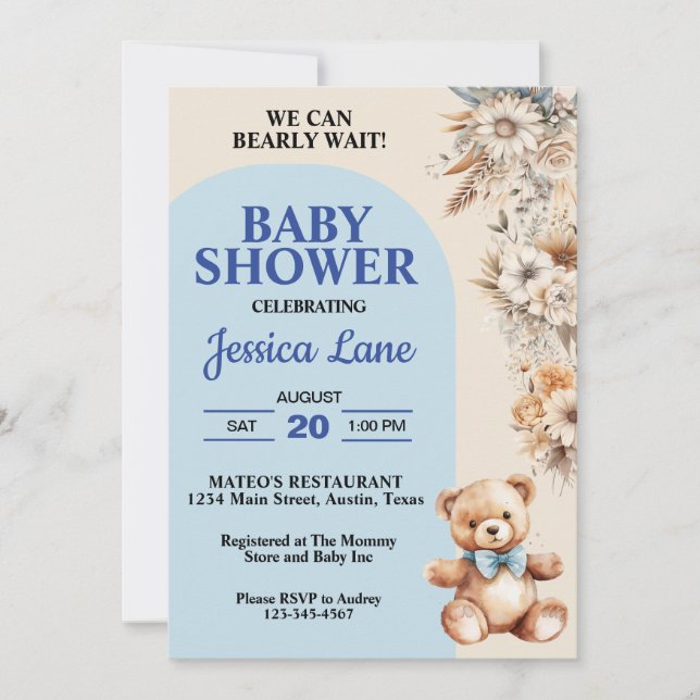 Teddy Bear Pretty Rustic Flowers Boy Baby Shower Invitation (Front)