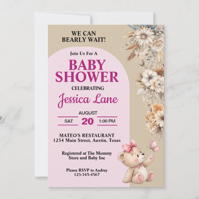 Teddy Bear Pretty Rustic Flowers Girl Baby Shower Invitation (Front)