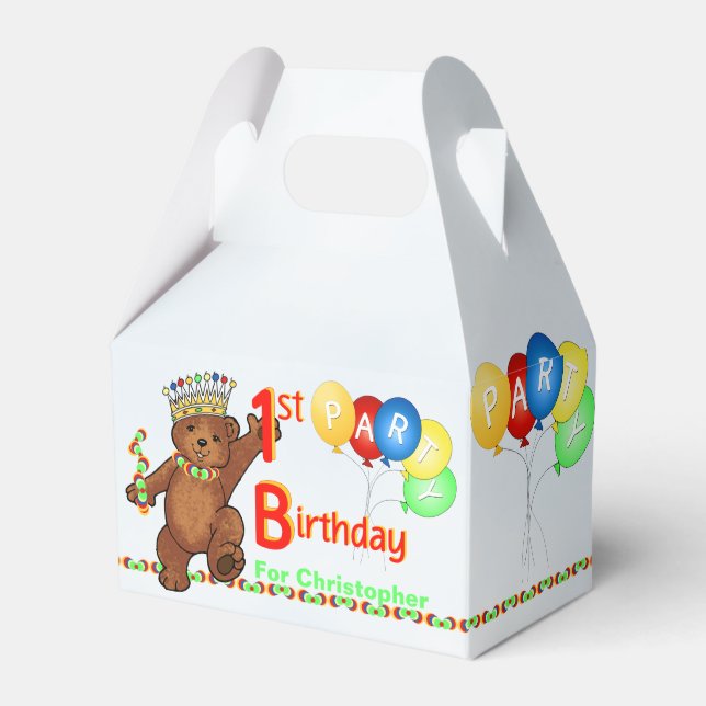 Teddy Bear Prince 1st Birthday Party Custom Favor Boxes (Front Side)