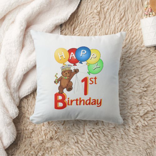 Teddy Bear Prince 1st Birthday Throw Pillow