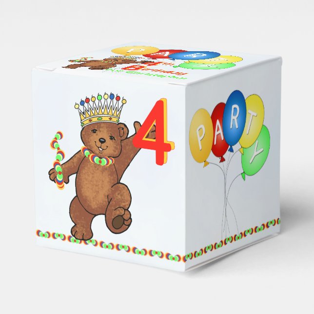 Teddy Bear Prince 4th Birthday Party Custom Favor Boxes (Front Side)