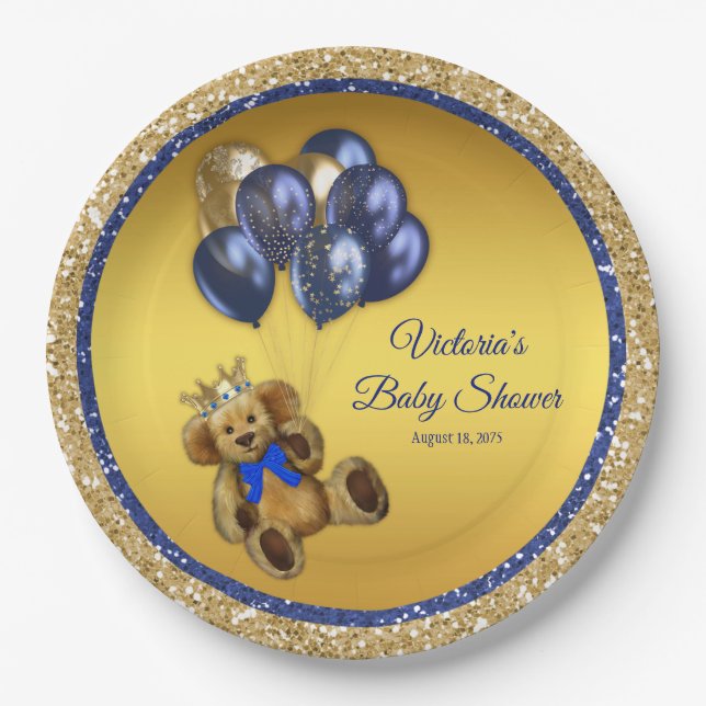Teddy Bear Prince Balloon Baby Shower Paper Plates (Front)