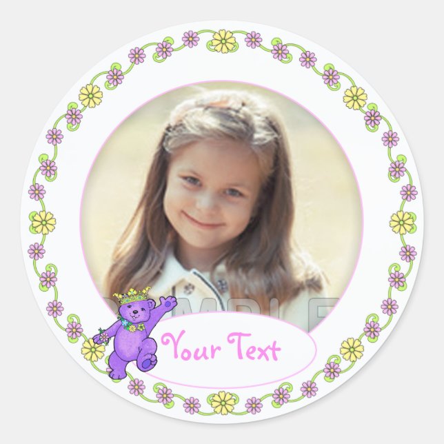 Teddy Bear Princess Birthday Custom Photo Classic Round Sticker (Front)