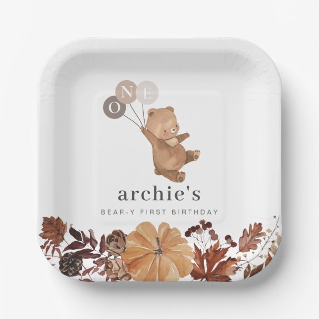 Teddy Bear Pumpkin - 1st Birthday Paper Plates (Front)