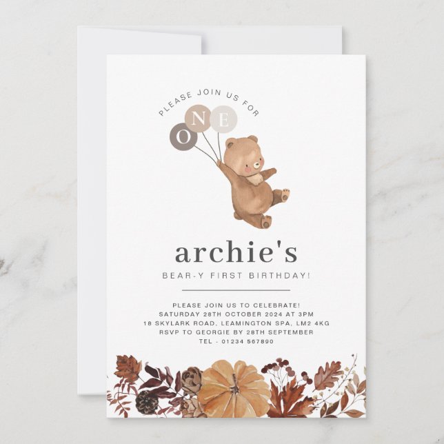 Teddy Bear Pumpkin - 1st Birthday Photo Invitation (Front)