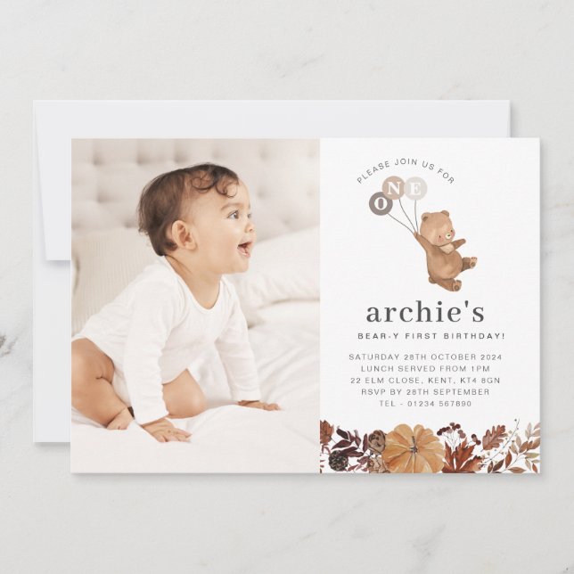 Teddy Bear Pumpkin - 1st Birthday Photo Invitation (Front)