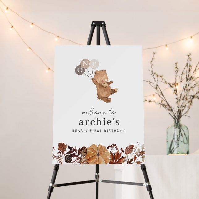 Teddy Bear Pumpkin - 1st Birthday Welcome Sign (In Situ (Stand))